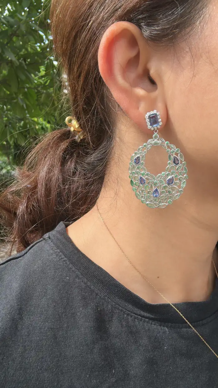 18k White Gold Diamond Art Deco Style Earrings - Natural Blue Sapphire & Zambian Emerald Dangle Earrings