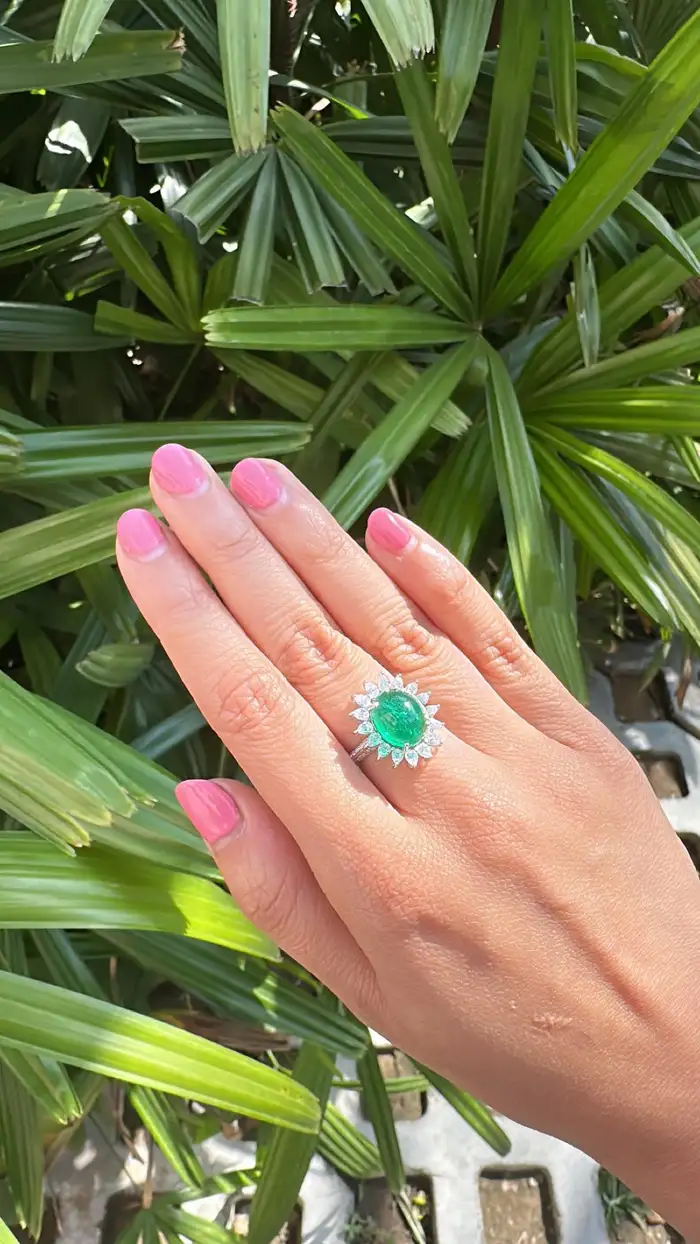 18k White Gold Handmade Diamond Ring - Natural Zambian Emerald Cocktail Ring