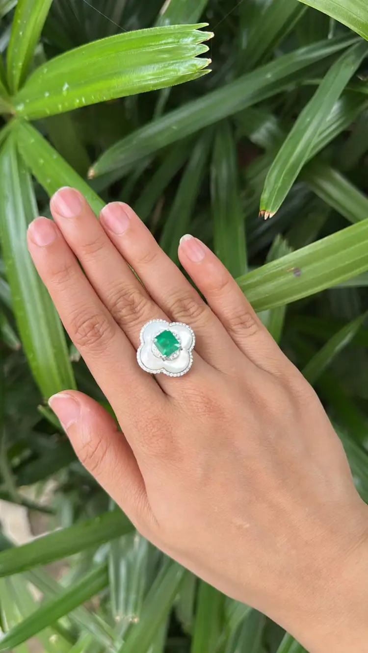 Natural Zambian Emerald Gold Ring - 18k White Gold Diamond & Mother Of Pearl Wedding Ring
