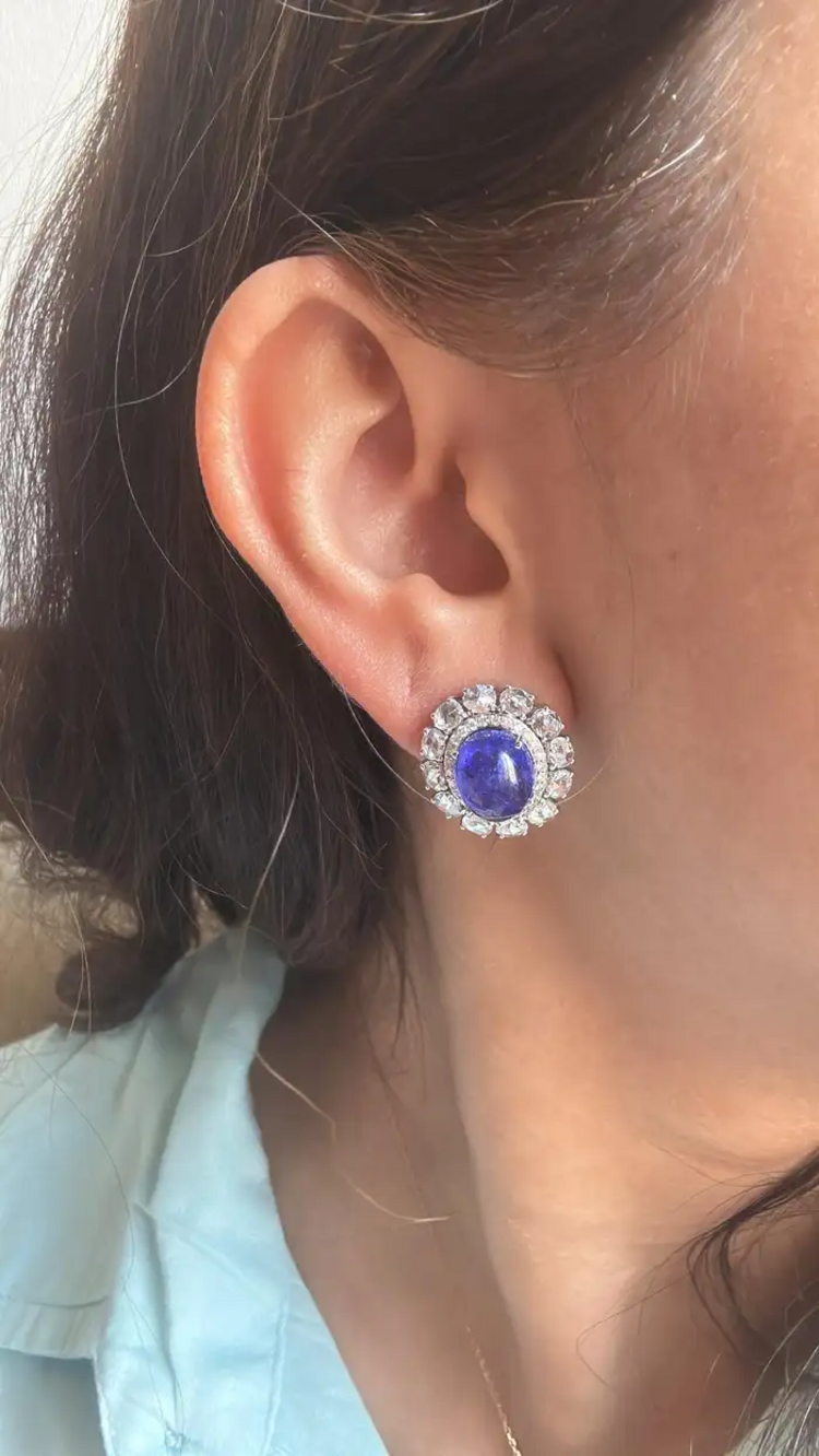 Natural Diamond & Tanzanite Gemstone Stud Earrings - 18k White Gold Women Jewelry