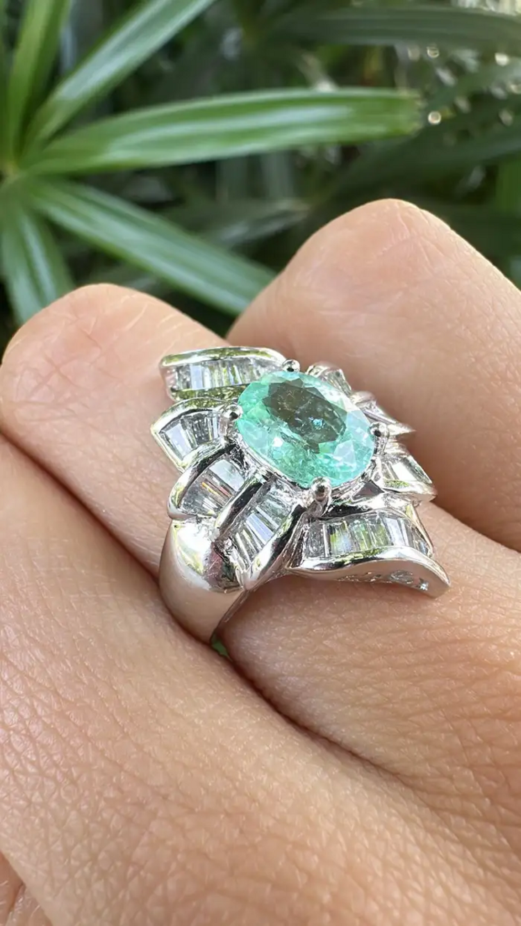 Platinum 900 Diamond Ring - Natural Paraiba Tourmaline Wedding Ring