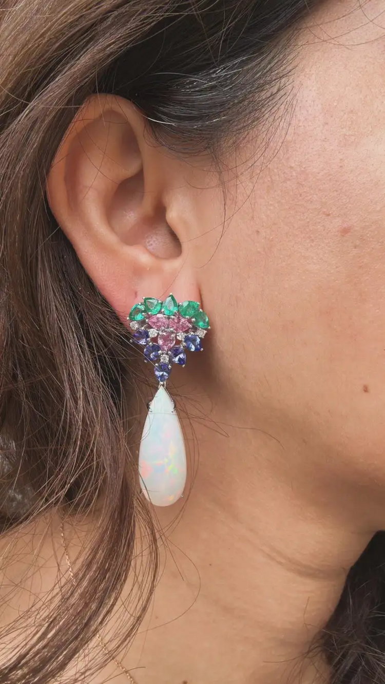 18k White Gold Diamond Dangle Earrings - Natural Zambian Emerald, Ethiopian Opal, Tanzanite & Pink Sapphire Earrings