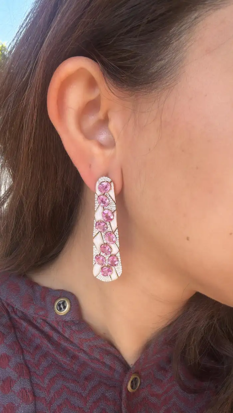 18k Rose Gold Diamond Dangle Earrings - Natural Ceylon Pink Sapphire & White Enamel Women Earrings