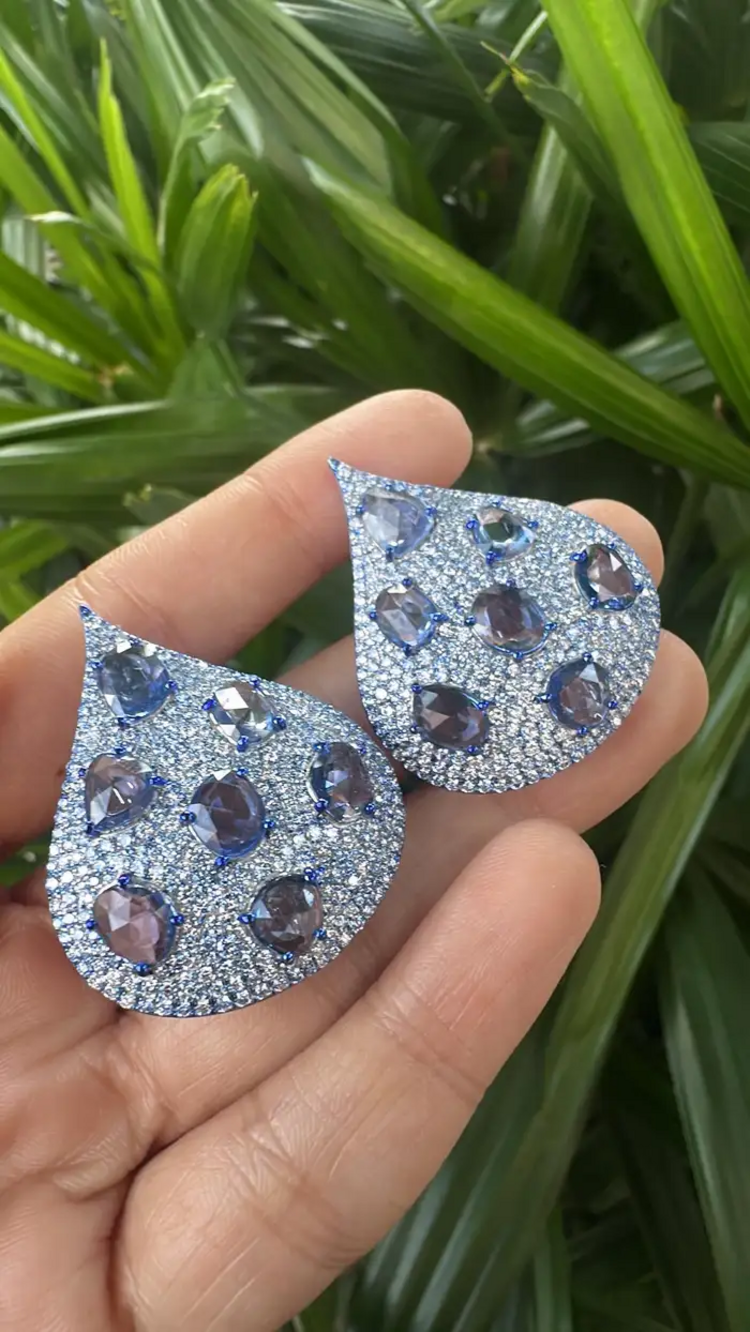 18k White Gold Diamond Earrings With Blue Rhodium - Natural Blue Sapphire Gemstone Earrings