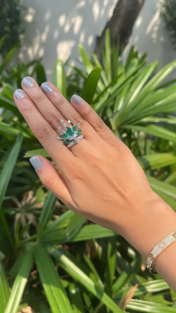 18k White Gold Diamond Crown Ring - Natural 3.80 Ct Zambian Emerald Wedding Ring