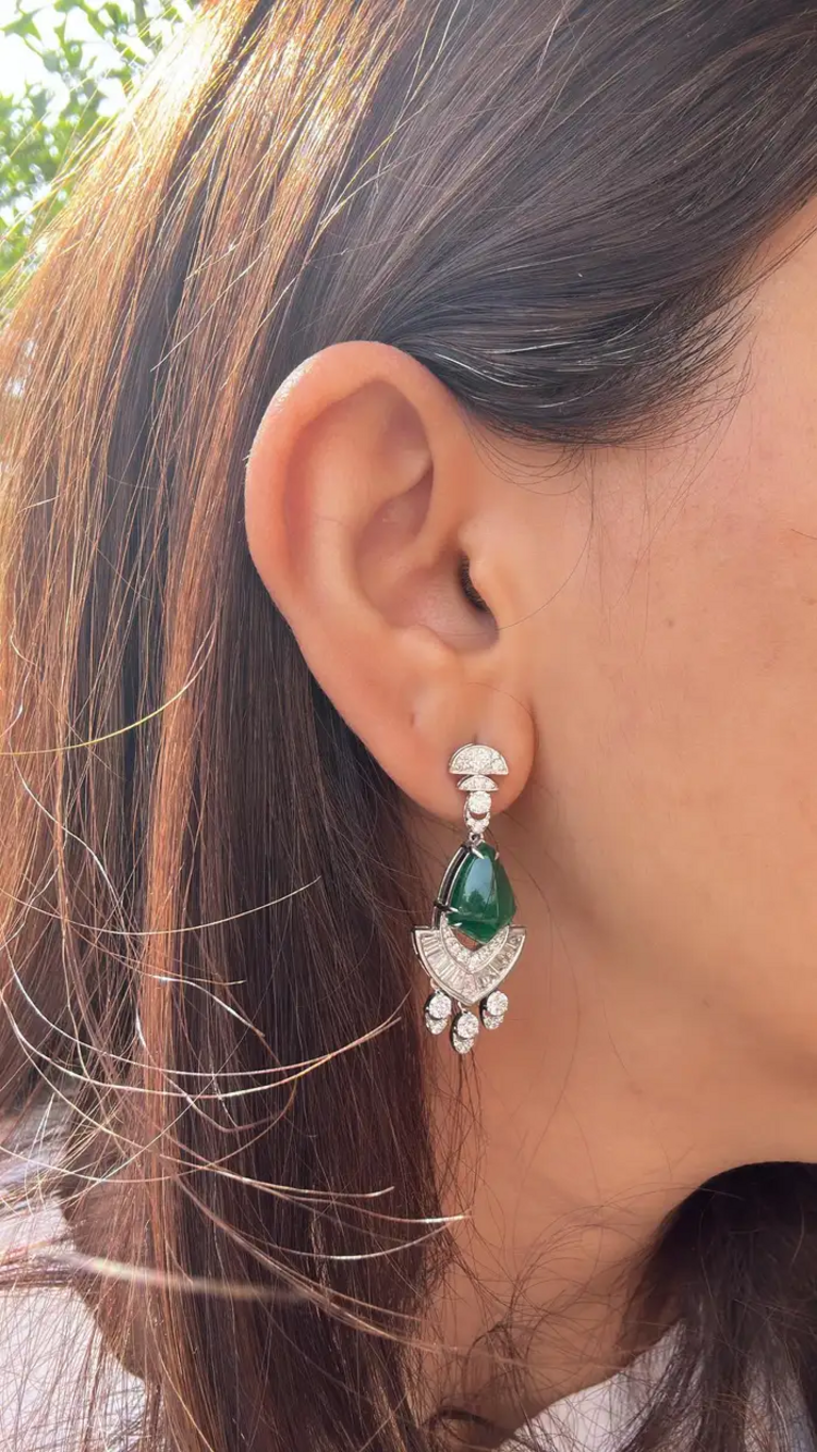 18k White Gold Handmade Dangle Earrings - Natural Zambian Emerald & Diamond Women Earrings
