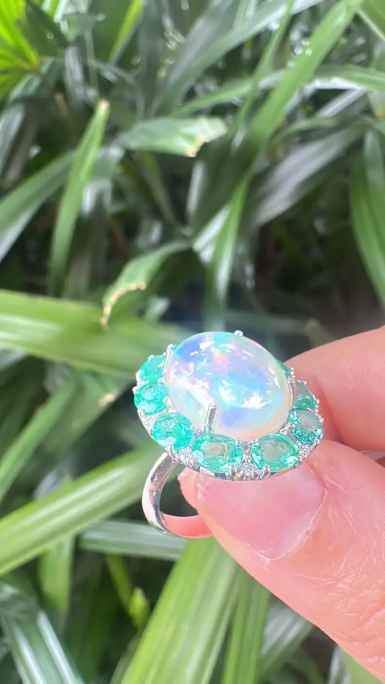 18k White Gold Diamond Ring - Natural Ethiopian Opal & Zambian Emerald Cocktail Ring