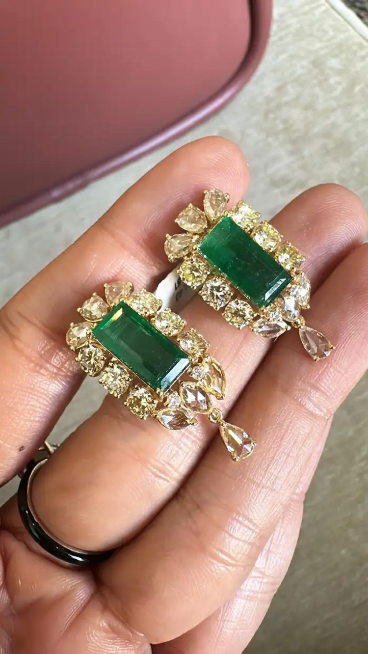 Natural Zambian Emerald & Yellow Rose Cut Diamond Earrings - 18k Yellow Gold Women Jewelry