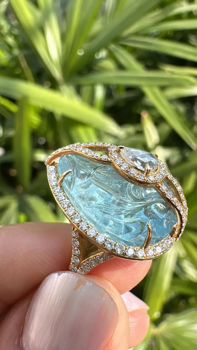 18k Yellow Gold Handmade Statement Ring - Natural Aquamarine & Rose Cut Diamonds Cocktail Ring