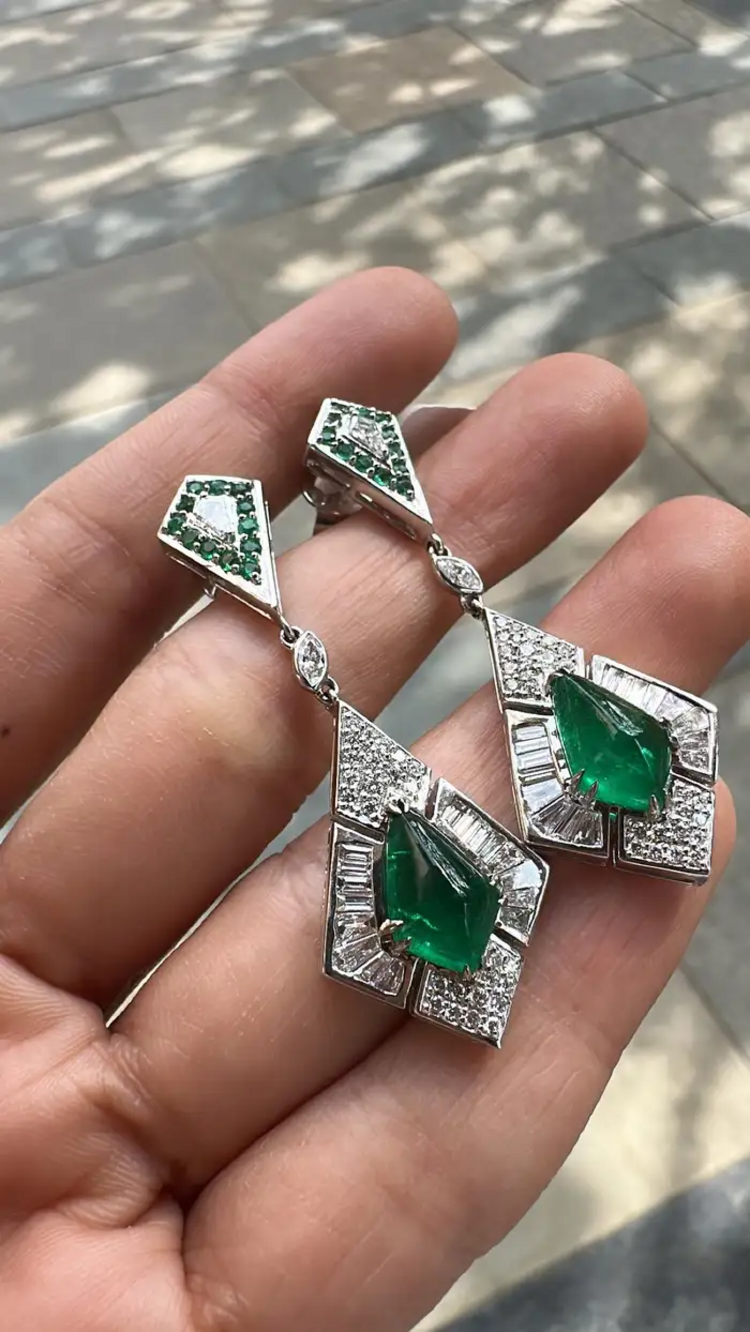 Natural Zambian Emerald Dangle Earrings - 18k White Gold Diamond Handmade Earrings