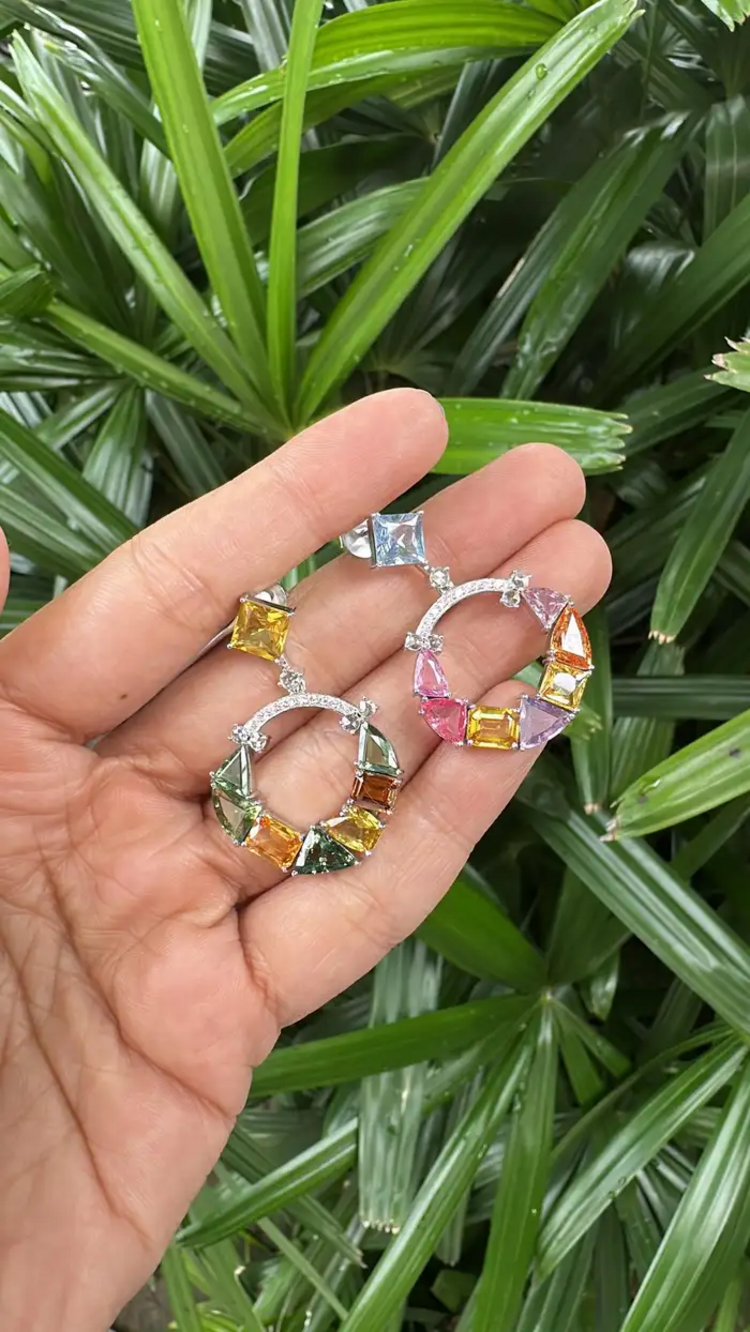 18k White Gold Diamond Earrings - Natural Ceylon Multi Sapphire Dangle Earrings