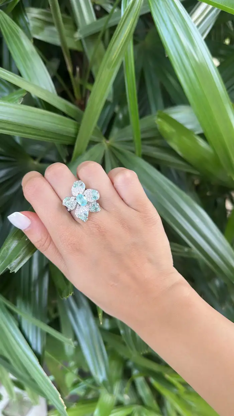 18k White Gold Diamond Cocktail Ring - Natural Paraiba Gemstone Wedding Ring