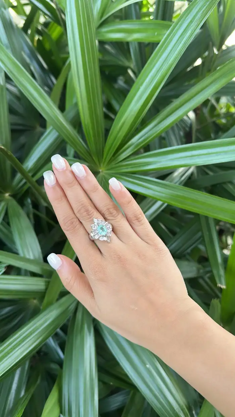 Platinum 900 Diamond Ring - Natural Paraiba Tourmaline Wedding Ring