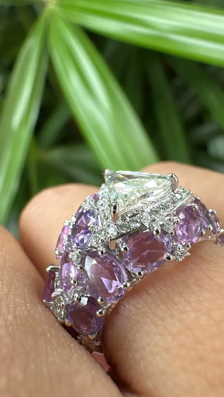 18k White Gold Rose Cut Diamond Ring - Natural Multi Sapphire Wedding Ring