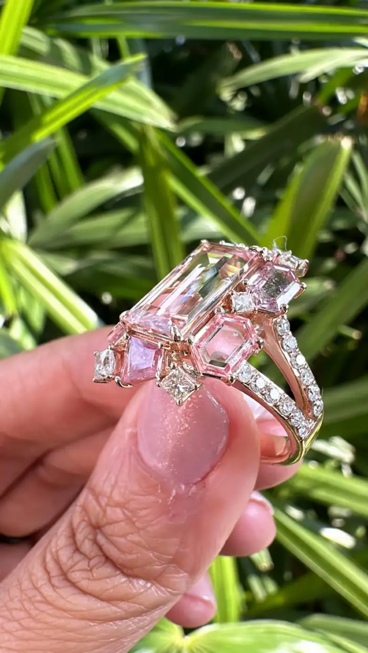 18k Gold, Morganite, Padparadscha Sapphires & Diamonds Engagement Ring