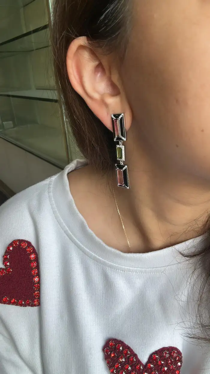 18k White Gold Diamond Dangle Earrings - Natural Tourmaline & Black Onyx Dangle Earrings