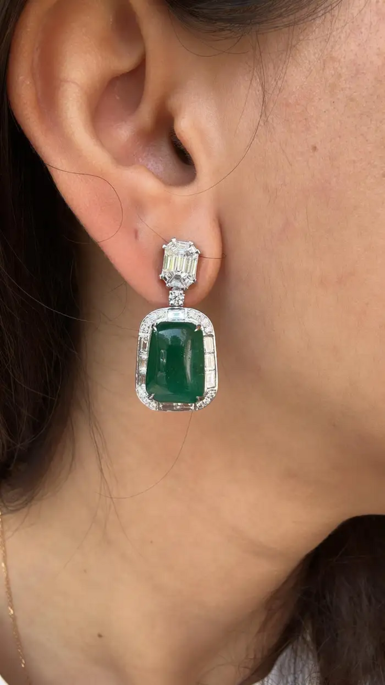 Emerald Cabochons & Diamonds Dangle Earrings - 18k White Gold Handmade Women Earrings