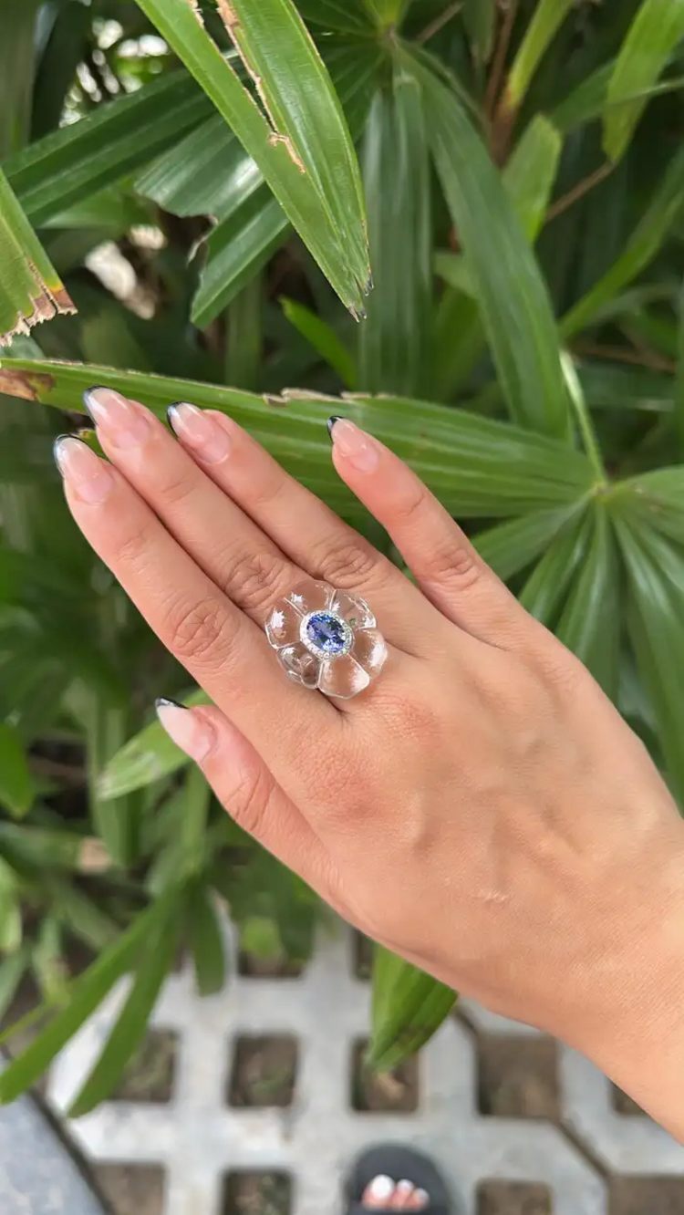 18k White Gold Diamond Cocktail Ring - Natural Tanzanite & Crystal Anniversary Gift Ring