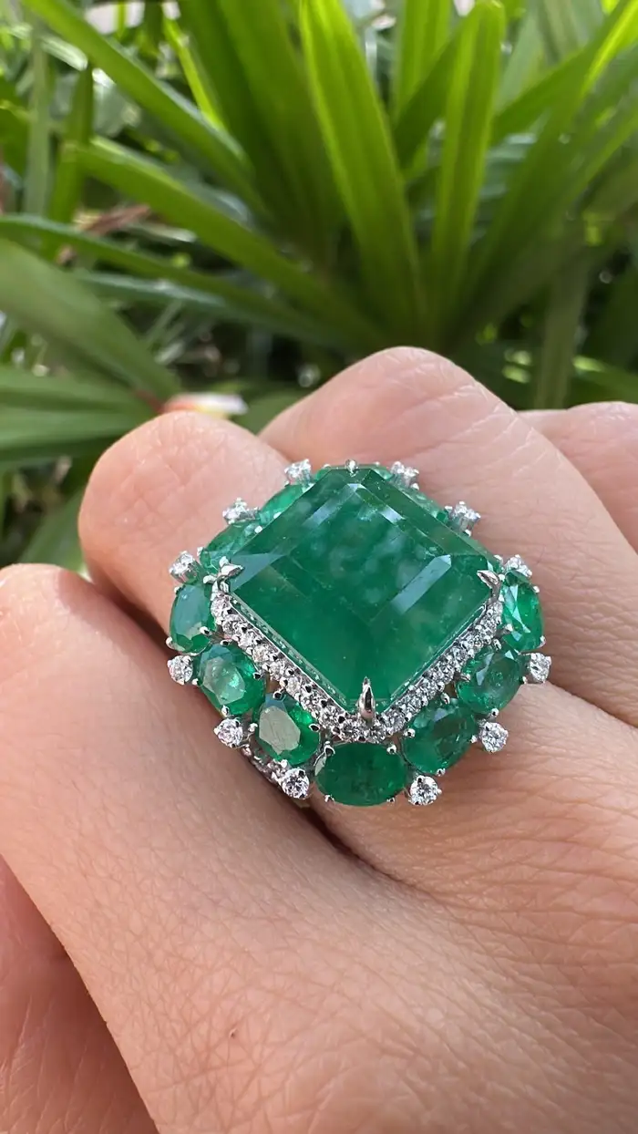 Natural Zambian Emerald & Diamond Wedding Anniversary Ring - 18k White Gold Handmade Women Ring