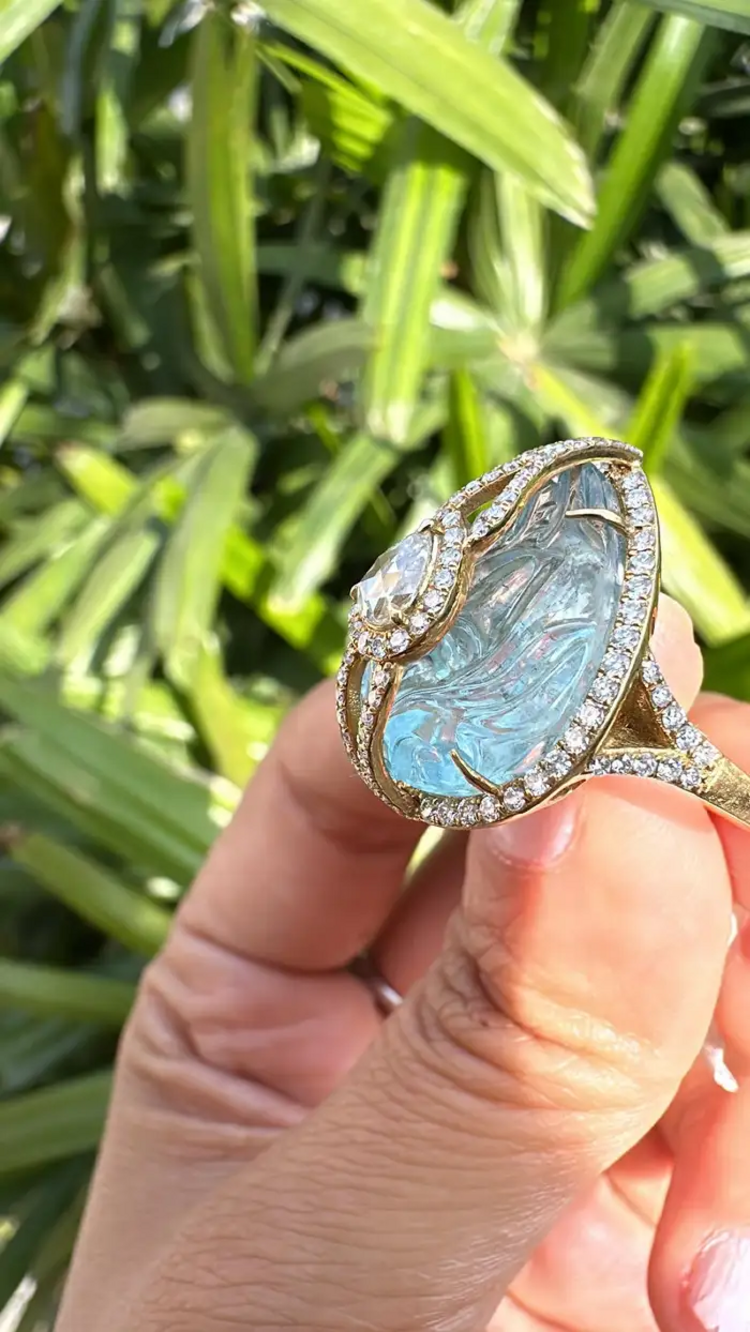 18k Yellow Gold Handmade Statement Ring - Natural Aquamarine & Rose Cut Diamonds Cocktail Ring