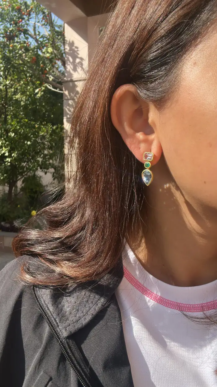 18K Yellow Matte Gold, Aquamarine, Emerald & Morganite Dangle Earring