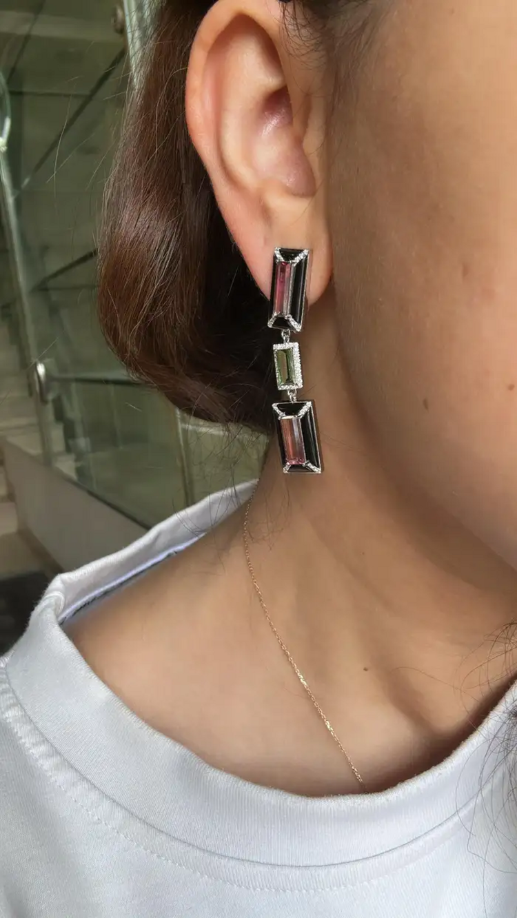 18k White Gold Diamond Dangle Earrings - Natural Tourmaline & Black Onyx Dangle Earrings