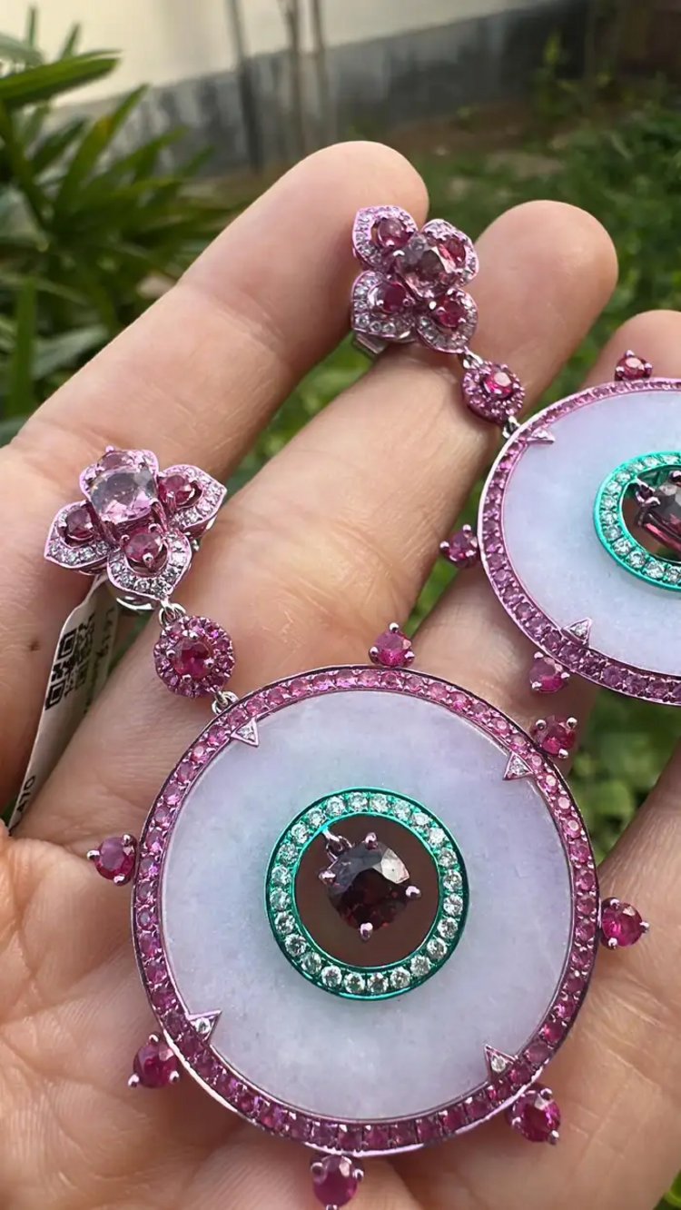 18k White Gold Handmade Diamond Dangle Earrings - Natural Spinel, Ruby, Pink Sapphires, Lavender Jade Earrings