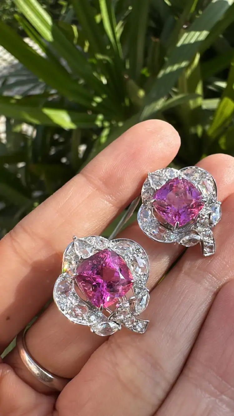 Natural Rubellite & Rose Cut Diamond Stud Earrings Made in 18k White Gold
