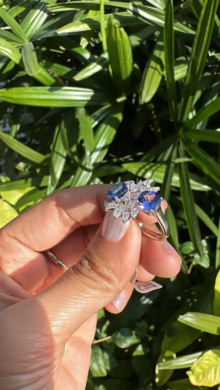 Natural Tanzanite Gemstone & Diamond Wedding Ring - 18k White Gold Handmade Ring
