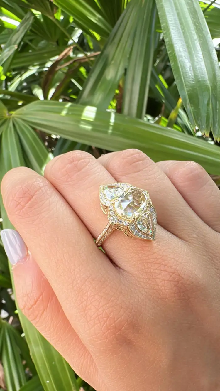 18k White Gold Art Deco Style Ring - Natural Rose Cut Diamond Engagement Ring
