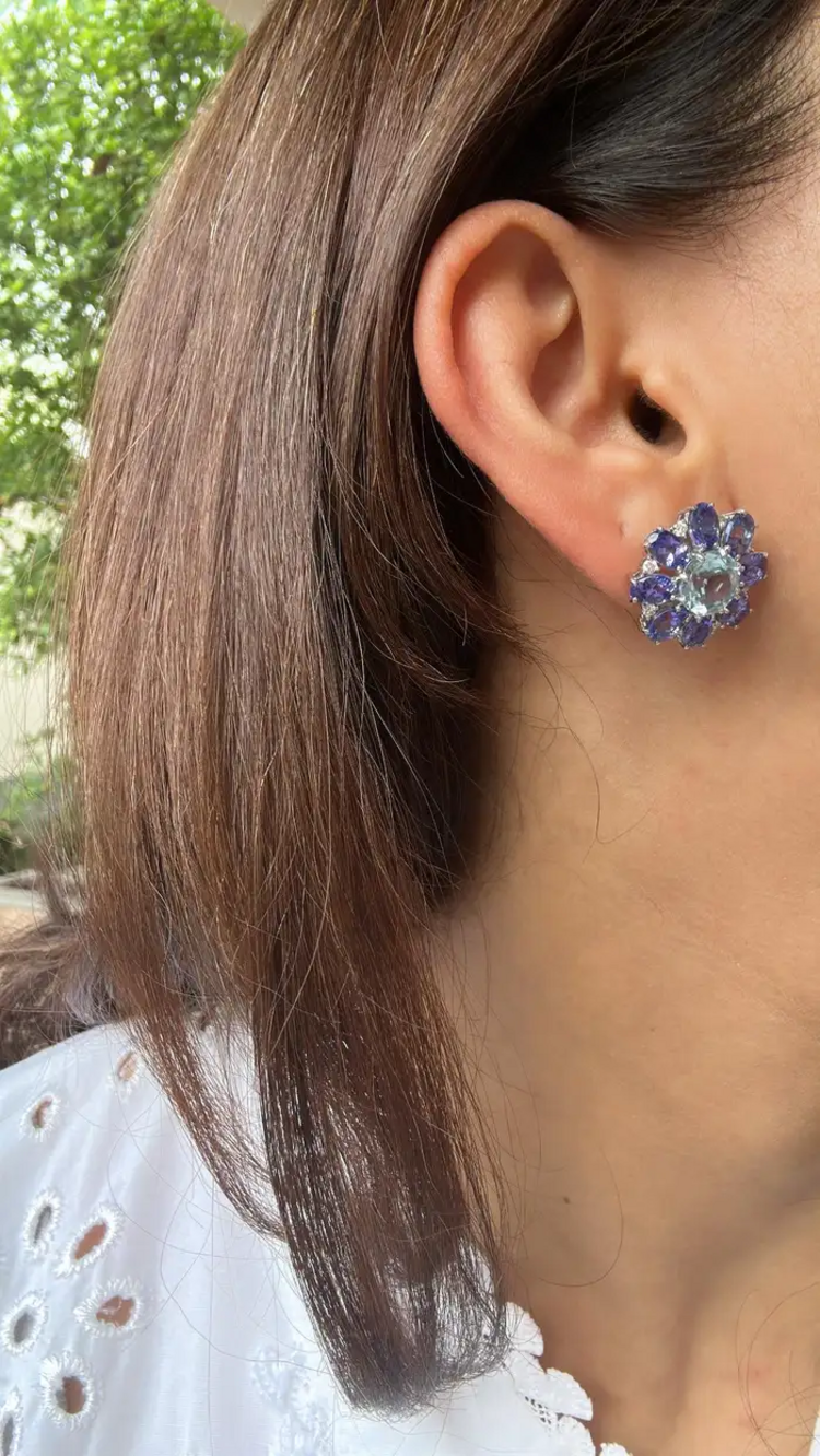 Natural Aquamarine & Tanzanite Gemstone Stud Earrings - 18k White Gold Diamond Handmade Earrings