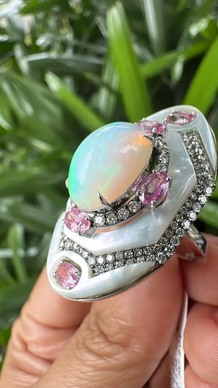 Ethiopian Opal, Mother Of Pearl & Pink Sapphire Cocktail Ring - 18k White Gold Diamond Statement Ring