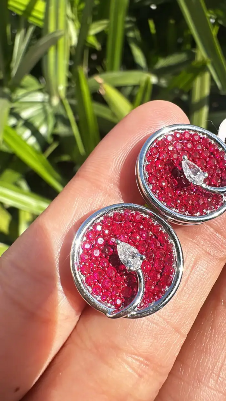 Natural Ruby Gemstone Round Stud Earrings - 18k White Gold Diamond Tiny Earrings