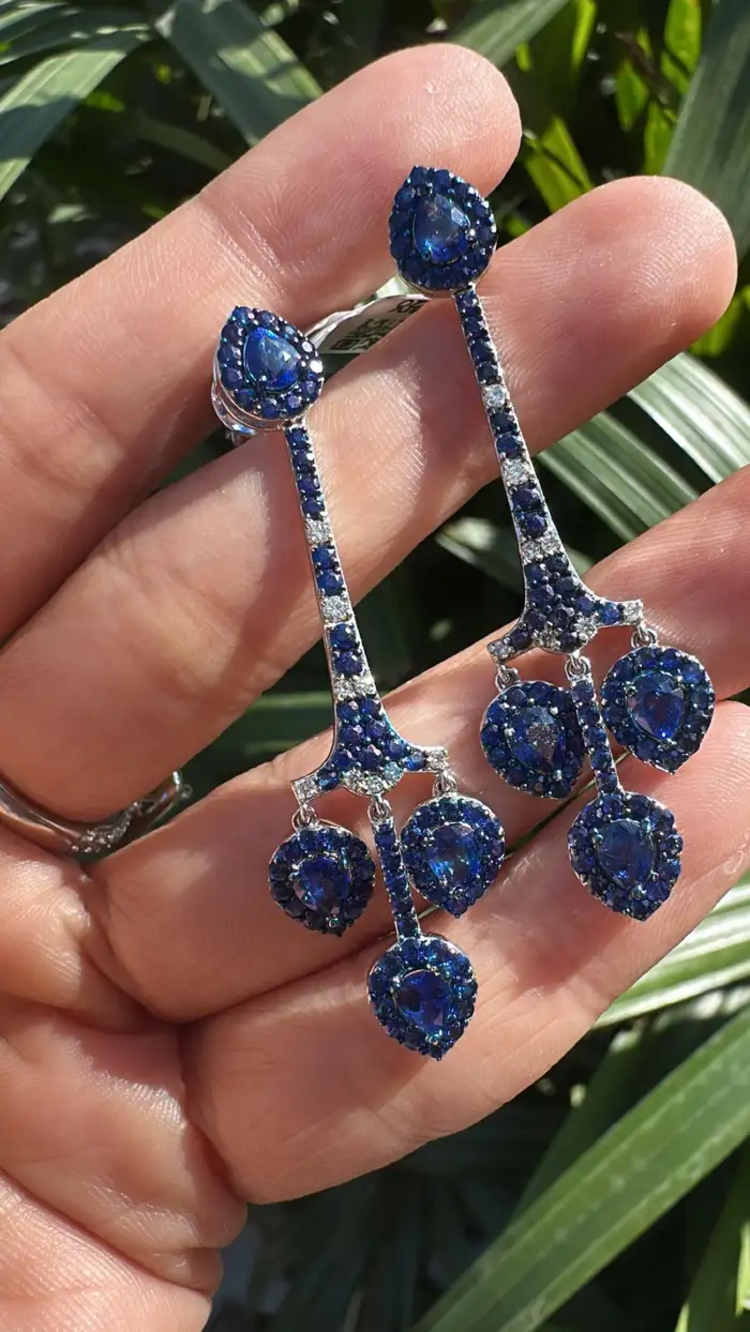 Natural Ceylon Blue Sapphire Chandelier Earring - 18k White Gold Diamond Handmade Dangle Earrings