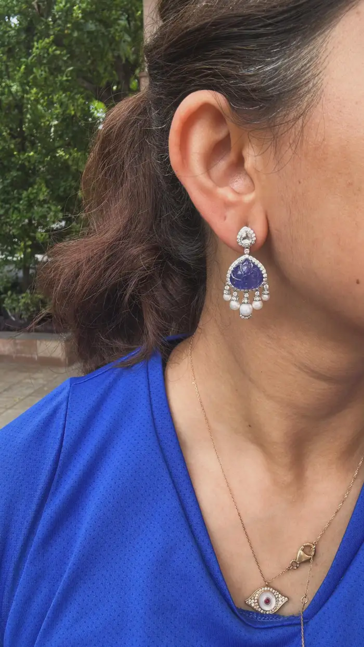 18k White Gold Diamond Dangle Earrings - Natural Tanzanite & Freshwater Pearl Earrings