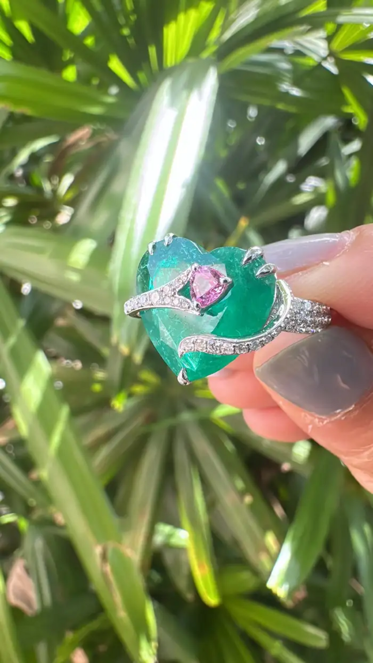Heart Shape Zambian Emerald Gold Ring - 18k White Gold & Pink Sapphire Engagement Ring