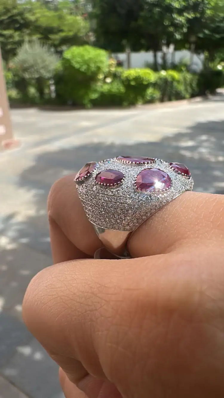 Natural Mozambique Ruby & Diamond Dome Ring - 18k White Gold Handmade Statement Ring