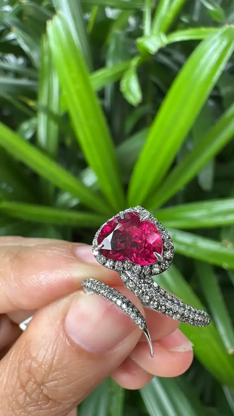 18k White Gold Diamond Ring - Natural Rubellite Gemstone Engagement Ring