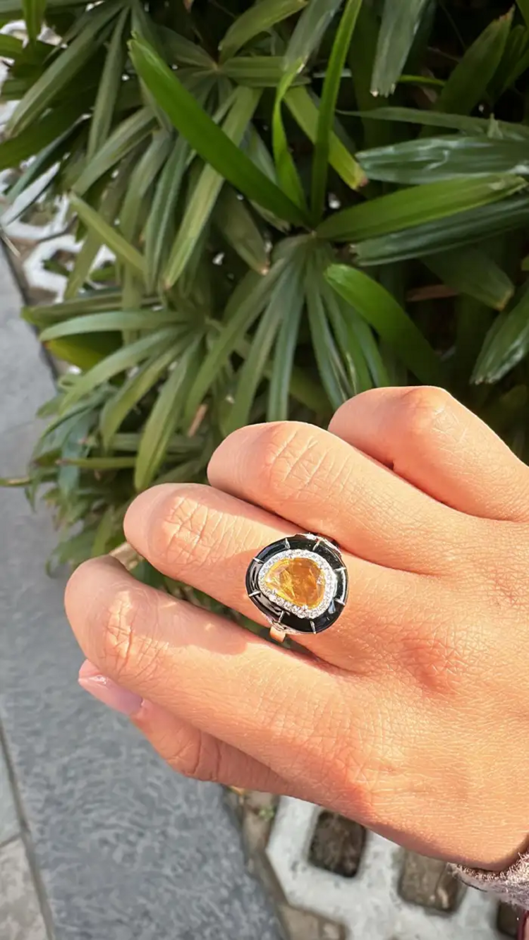 Ceylon Yellow Sapphire & Black Enamel Tiny Ring - 18k White Gold, Diamond Handmade Ring