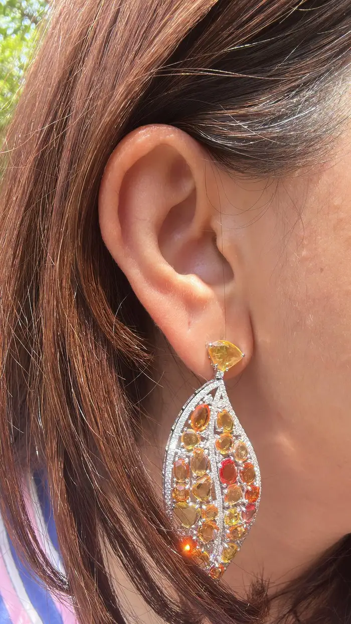 18k White Gold Diamond Dangle Earrings - Natural Yellow Sapphire Gemstone Women Earrings