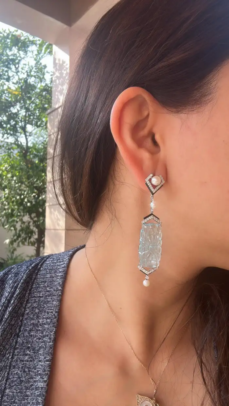 Handmade 18k White Gold Dangle Earrings - Natural Diamond & Carved Aquamarine Gemstone Earrings - Freshwater Pearl, Black Enamel Earrings