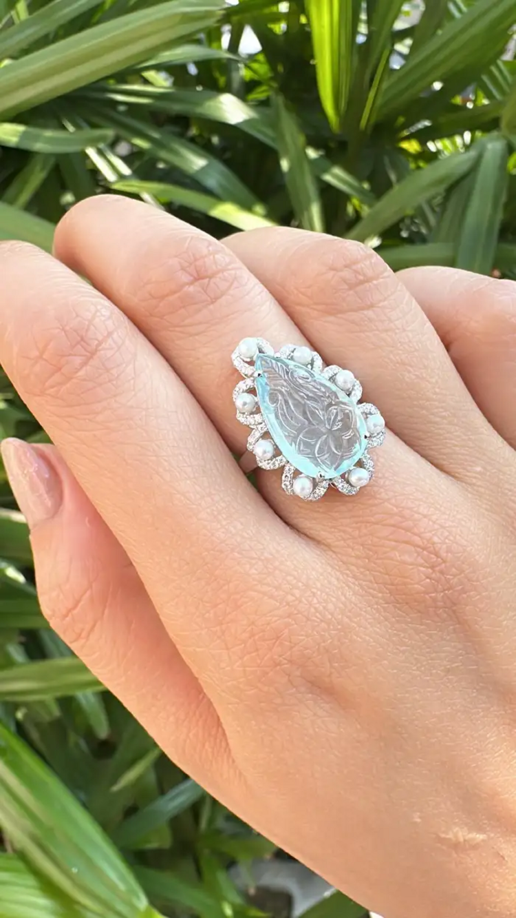 6.28 Ct. Carved Aquamarine & Fresh Water Pearl Engagement Ring - 18k White Gold Diamond Handmade Ring