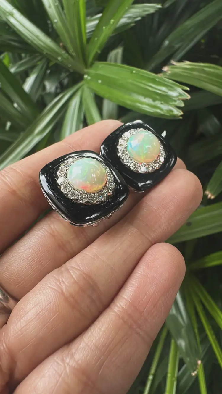 Natural Black Onyx & Ethiopian Opal Stud Earrings - 18k White Gold Diamond Handmade Earrings