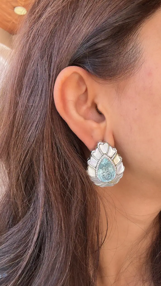18k White Gold Handmade Diamond Stud Earrings - Pear Shape Carved Aquamarine & Pearl Stud Earrings