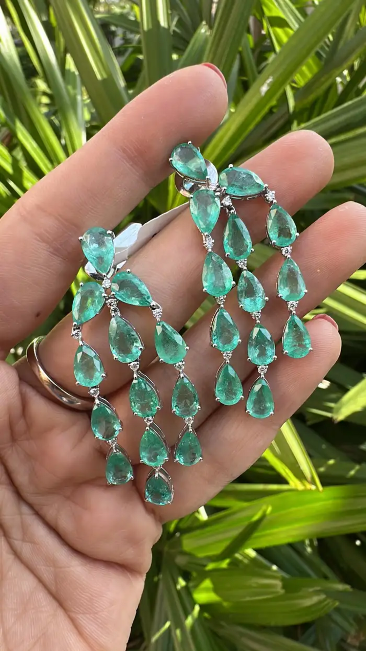 Natural Colombian Emerald Dangle Earrings - 18k White Gold Diamond Chandelier Earrings for Women