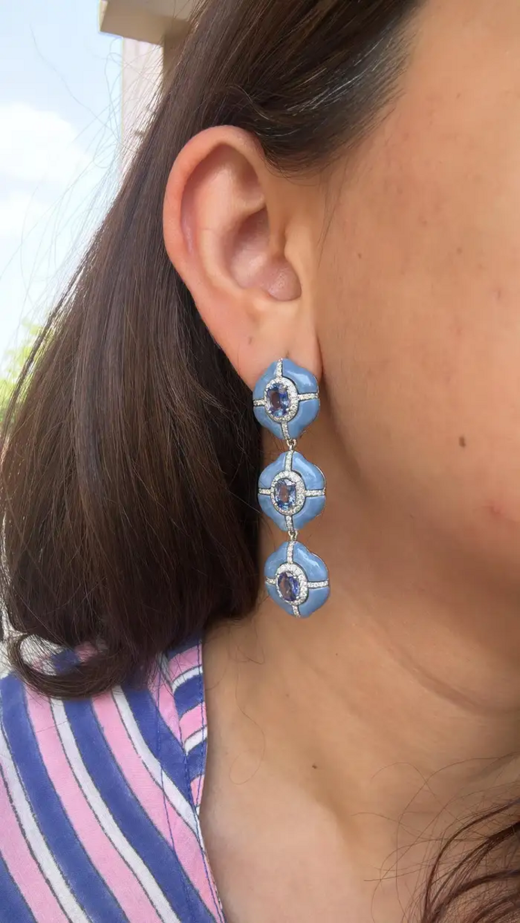 Natural Ceylon Blue Sapphire & Blue Opal Dangle Earrings - 18k White Gold Diamond Women Earrings