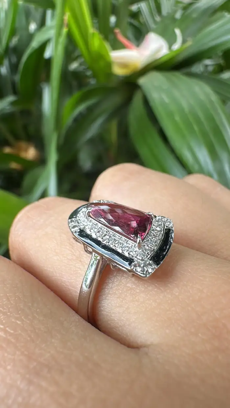 Natural Tourmaline & Black Enamel Ring - 18k White Gold Diamond Cocktail Ring