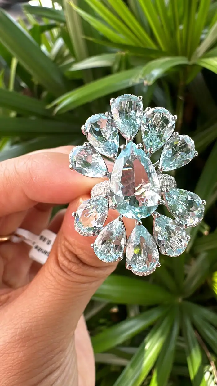 Set in 18K White Gold, 16.20 carats Aquamarine & Diamond oversized Cocktail Ring