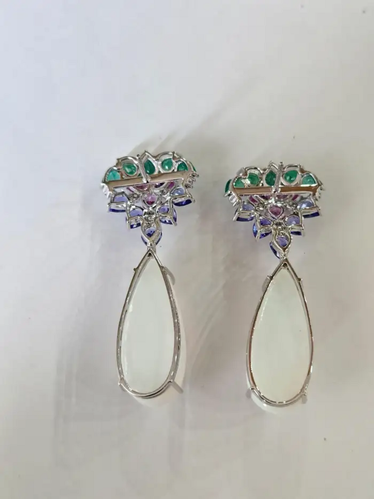 18k White Gold Diamond Dangle Earrings - Natural Zambian Emerald, Ethiopian Opal, Tanzanite & Pink Sapphire Earrings