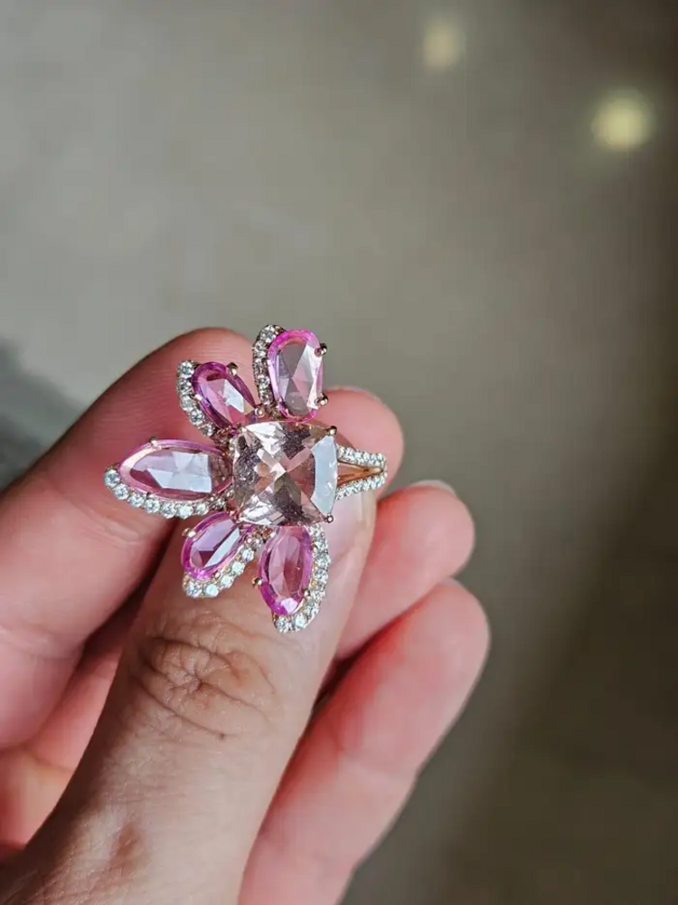 18k Rose Gold Diamond Wedding Ring With Morganite & Pink Sapphire Gemstone